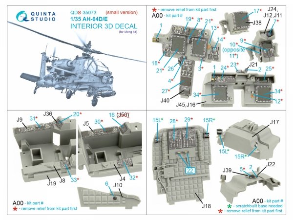 Quinta Studio QDS-35073 AH-64D/E 3D-Printed &amp; coloured Interior on decal paper (Meng) (small version) 1/35