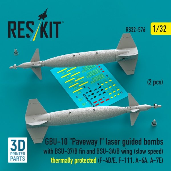 RESKIT RS32-0576 GBU-10 "Paveway I" laser guided bombs with BSU-37/B fin and BSU-3A/B wing (slow speed) thermally protected (2 pcs) (3D Printed) 1/32