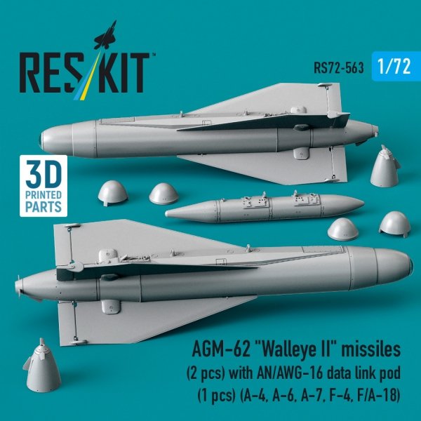 RESKIT RS72-0563 AGM-62 "Walleye II" missiles (2 pcs) with AN/AWG-16 data link pod (1 pcs) (A-4, A-6, A-7, F-4, F/A-18) (3D Printed) (1/72)