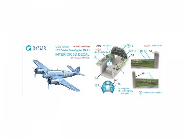Quinta Studio QDS-72199 Bristol Beaufighter Mk.21 3D-Printed &amp; coloured Interior on decal paper (Hasegawa/MPM) (small version) 1/72