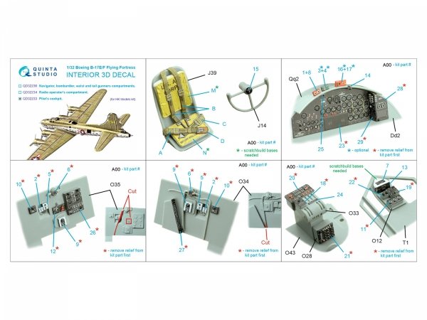 Quinta Studio QD32233 Boeing B-17E/F Pilot's cockpit. 3D-Printed coloured Interior on decal paper (HK models) 1/32