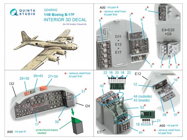 Quinta Studio QD48542 Boeing B-17F 3D-Printed &amp; coloured Interior on decal paper (HK models, Eduard) 1/48