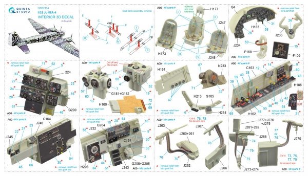 Quinta Studio QD32114 Ju 88A-4 3D-Printed &amp; coloured Interior on decal paper ( Revell ) 1/32