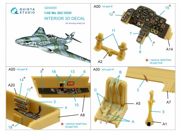 Quinta Studio QD48300 Me 262 HGIII 3D-Printed coloured Interior on decal paper (Amusing Hobby) 1/48
