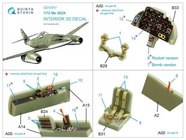 Quinta Studio QD72047 Me-262A 3D-Printed &amp; coloured Interior on decal paper (Academy) 1/72