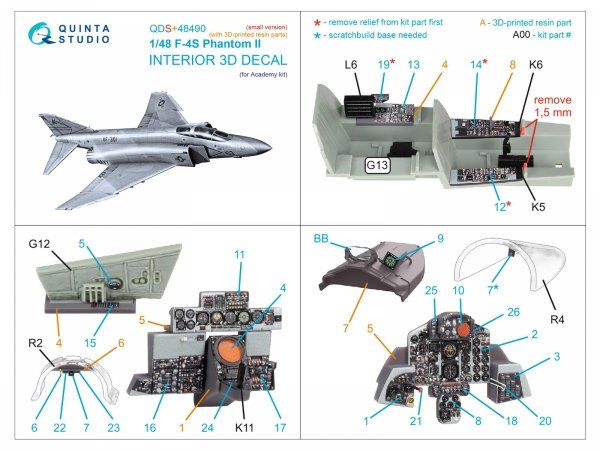 Quinta Studio QDS+48490 F-4S Phantom II 3D-Printed &amp; coloured Interior on decal paper (Academy) (Small version) (with 3D-printed resin parts) 1/48