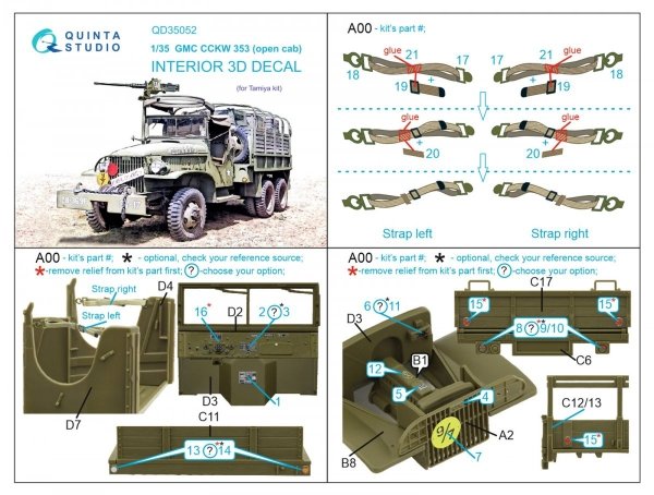 Quinta Studio QD35052 GMC CCKW 353 (open cab) 3D-Printed &amp; coloured Interior on decal paper ( Tamiya ) 1/35