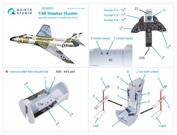 Quinta Studio QD48251 Hawker Hunter 3D-Printed &amp; coloured Interior on decal paper (Airfix) 1/48