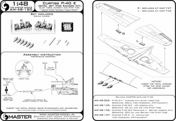 Master AM-48-180 Curtiss P-40 E -  celownik, rurka Pitota oraz owiewki km-ów Browning .50 z żywicznym mocowaniem do modelu EDUARD 1/48