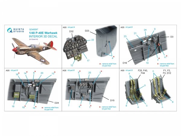 Quinta Studio QD48587 P-40E Warhawk 3D-Printed &amp; coloured Interior on decal paper (Eduard) 1/48