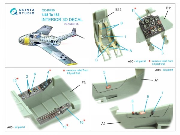 Quinta Studio QD48499 Ta 183 3D-Printed &amp; coloured Interior on decal paper (Academy) 1/48