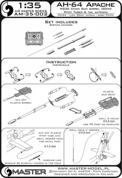 Master AM-35-002 AH-64 Apache - M230 Chain Gun barrel (30mm), Pitot Tubes and tail antenna (resin, PE and turned parts) 1:35