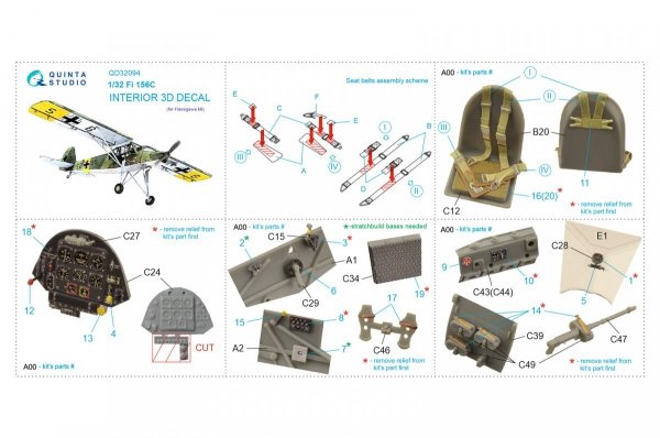 Quinta Studio QD32094 Fi 156C 3D-Printed &amp; coloured Interior on decal paper (Hasegawa) 1/32