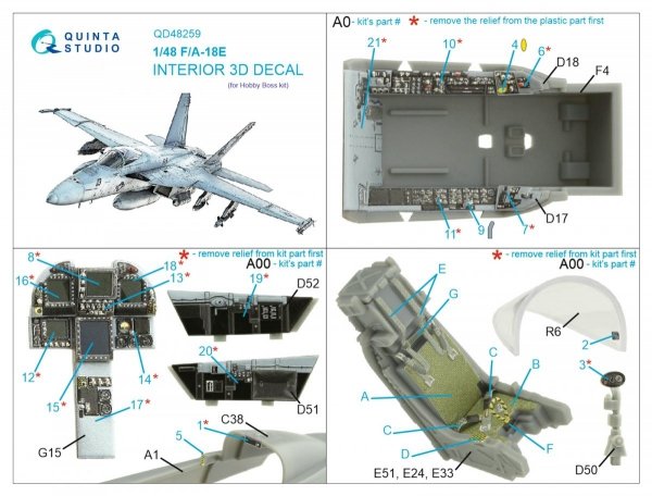 Quinta Studio QD48259 F/A-18E 3D-Printed &amp; coloured Interior on decal paper (HobbyBoss) 1/48