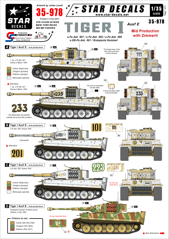 Star Decals 35-978 Tiger I Ausf E Mid production 1/35