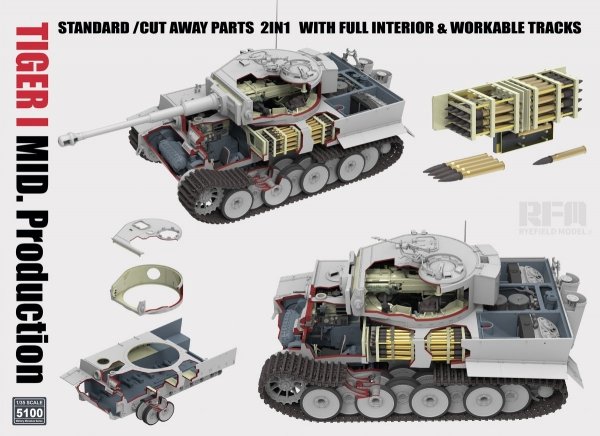 Rye Field Model 5100 TIGER I MID.Production STANDARD/CUT AWAY PARTS 2 IN 1 WITH FULL INTERIOR&amp;WORKABLE TRACKS 1/35