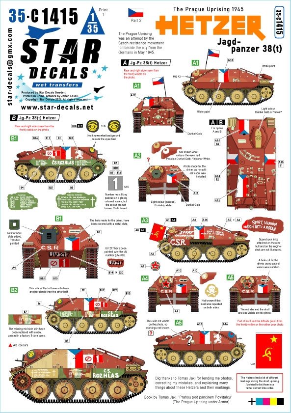 Star Decals 35-C1415 Hetzer - Jagdpanzer 38(t). The Prague Uprising 1945 # 2. The Prague Uprising was an attempt by the Czech recistance movement to liberate the city from the Germans in May 1945 1/35