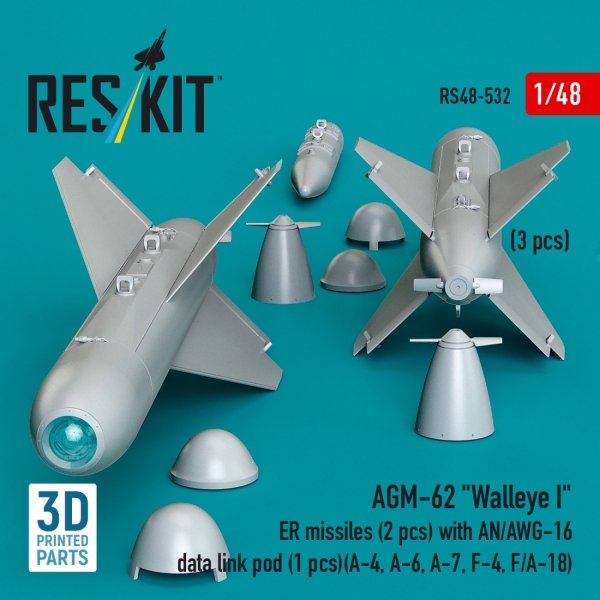 RESKIT RS48-0532 AGM-62 "Walleye I" ER missiles (2 pcs) with AN/AWG-16 data link pod (1 pcs) (A-4, A-6, A-7, F-4, F/A-18) (3D Printed) (1/48)
