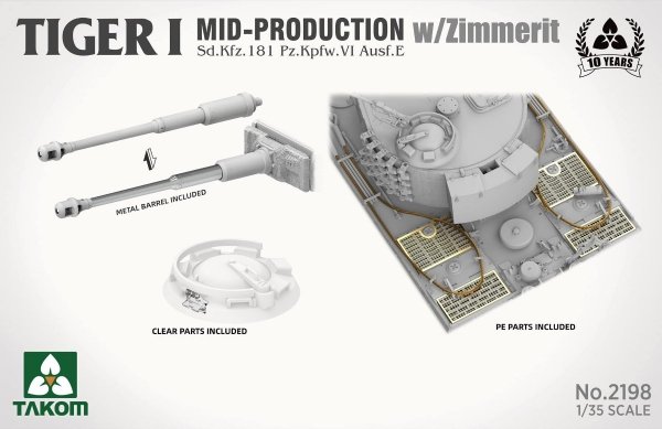  Takom 2198 Tiger I Mid-Production w/Zimmerit Sd.Kfz. 181 Pz.Kpfw. VI Ausf. E 1/35