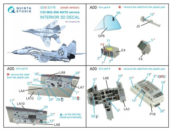 Quinta Studio QDS-32176 MiG-29A NATO service 3D-Printed &amp; coloured Interior on decal paper (Trumpeter) (Small version) 1/32