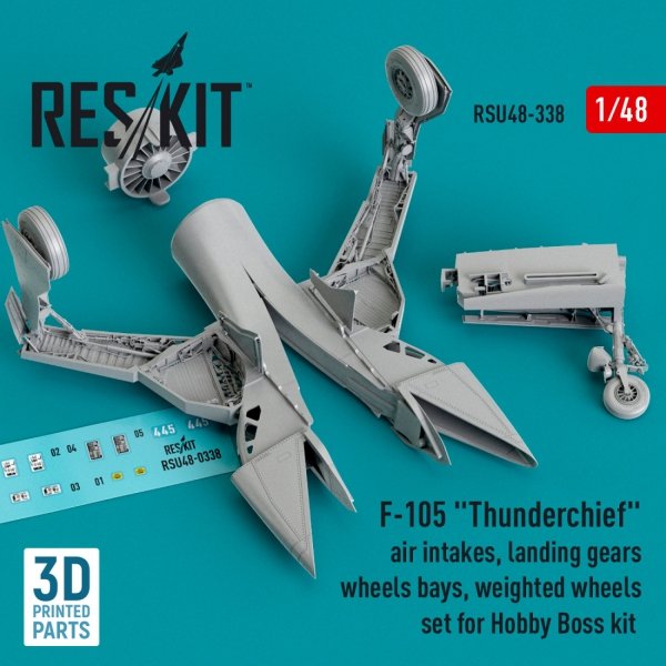 RESKIT RSU48-0338 F-105 Thunderchief air intakes, landing gears with wheels bays and weighted wheels set for Hobby Boss kit (3D Printed) 1/48