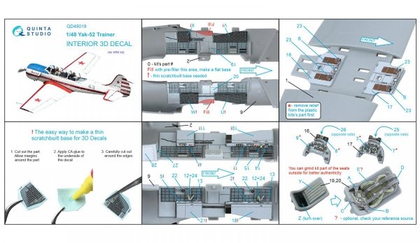 Quinta Studio QD48019 Yak-52 3D-Printed &amp; coloured Interior on decal paper (ARK) 1/48