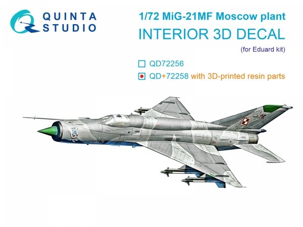Quinta Studio QD+72258 MiG-21MF (Moscow plant) 3D-Printed &amp; coloured Interior on decal paper (Eduard) (with 3D-printed resin parts) 1/72