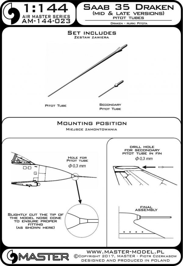 Master AM-144-023 Saab 35 Draken (Mid &amp; Late Versions) Pitot tubes (1:144)