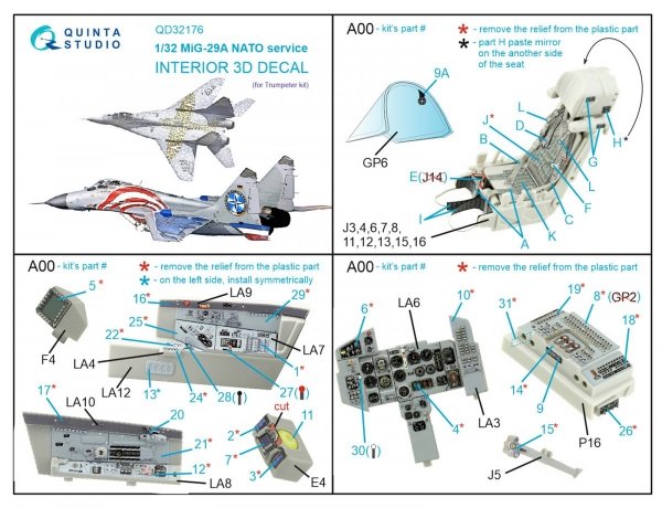 Quinta Studio QD32176 MiG-29A NATO service 3D-Printed &amp; coloured Interior on decal paper (Trumpeter) 1/32