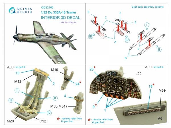 Quinta Studio QD32160 Do 335A-10 3D-Printed &amp; coloured Interior on decal paper (HK models) 1/32