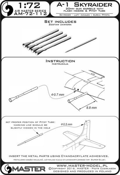 Master AM-72-112 A-1 Skyraider - 20mm cannon barrels with flash hiders and Pitot Tube 1:72
