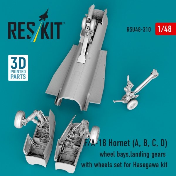 RESKIT RSU48-0310 F/A-18 Hornet (A, B, C, D) wheel bays, landing gears with wheels set for Hasegawa kit (3D Printed) (1/48)