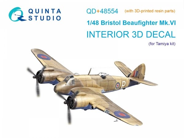 Quinta Studio QD+48554 Bristol Beaufighter Mk.VI 3D-Printed &amp; coloured Interior on decal paper (Tamiya) (with 3D-printed resin parts) 1/48