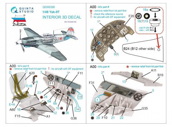 Quinta Studio QD48398 Yak-9T 3D-Printed &amp; coloured Interior on decal paper (Zvezda) 1/48
