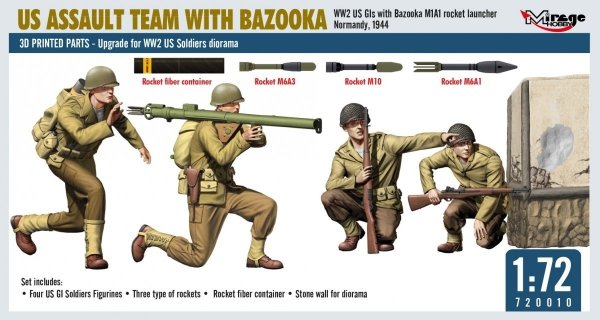 Mirage Hobby 720010 US ASSAULT TEAM WITH BAZOOKA, WW2 US GIs with Bazooka M1A1 Rocket Launcher Normandy, 1944 1/72