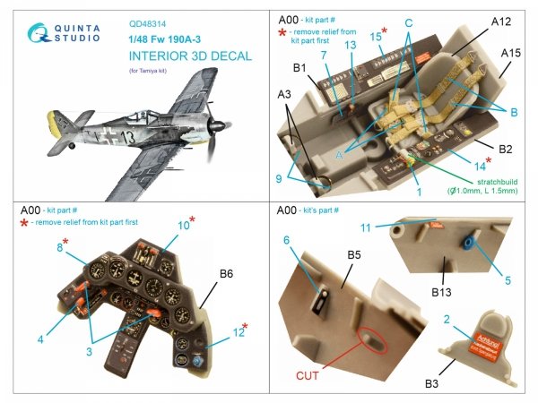 Quinta Studio QD48314 Fw 190A-3 3D-Printed &amp; coloured Interior on decal paper (Tamiya) 1/48