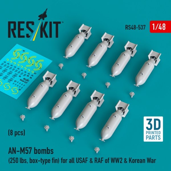 RESKIT RS48-0537 AN-M57 bombs (250 lbs, box-type fin) for all USAF &amp; RAF of WW2 &amp; Korean War (8 pcs) (3D Printed) 1/48
