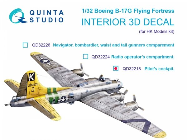 Quinta Studio QD32218 Boeing B-17G Navigator, bombardier, waist and tail gunners compartments. 3D-Printed coloured Interior (HK models) 1/32