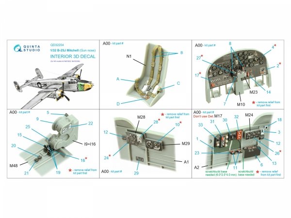 Quinta Studio QD32204 B-25J Mitchell Gun nose 3D-Printed &amp; coloured Interior on decal paper (HK models) 1/32