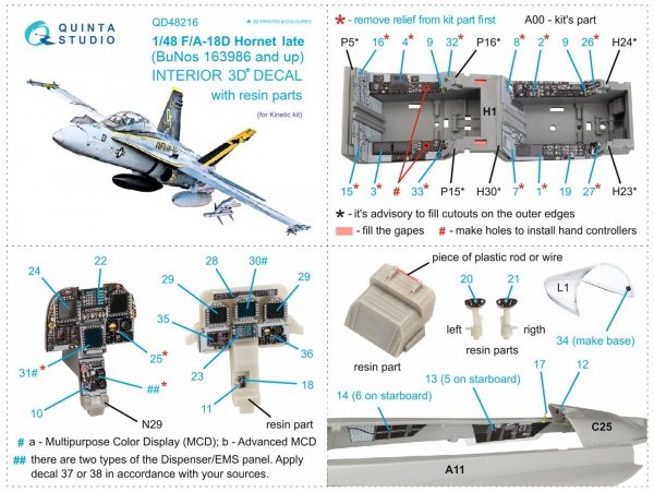 Quinta Studio QD48216 F/A-18D Late 3D-Printed &amp; coloured Interior on decal paper with resin parts (Kinetic) 1/48