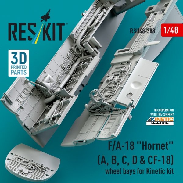 RESKIT RSU48-0388 F/A-18 &quot;Hornet&quot; (A, B, C, D &amp; CF-18) wheel bays for Kinetic kit (3D printed) 1/48