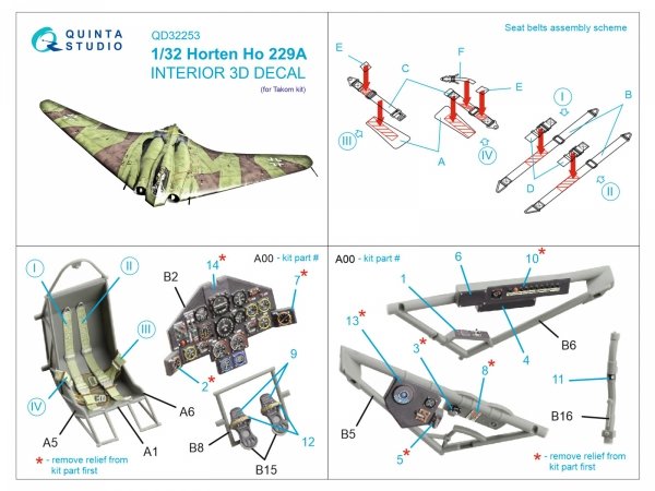 Quinta Studio QD32253 Horten Ho 229A 3D-Printed &amp; coloured Interior on decal paper (Takom) 1/32