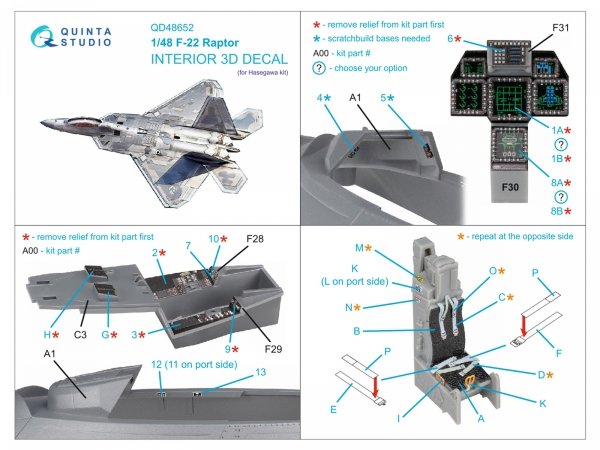 Quinta Studio QD48652 F-22 Raptor 3D-Printed &amp; coloured Interior on decal paper (Hasegawa) 1/48