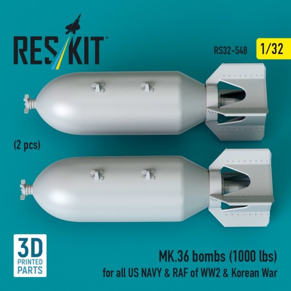 RESKIT RS32-0548 MK.36 bombs (1000 lbs) for all US NAVY &amp; RAF of WW2 &amp; Korean War (2 pcs) (3D Printed) 1/32