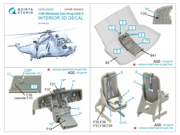 Quinta Studio QDS-48430 Westland Sea King HAS.5 3D-Printed &amp; coloured Interior on decal paper (Airfix) (Small version) 1/48
