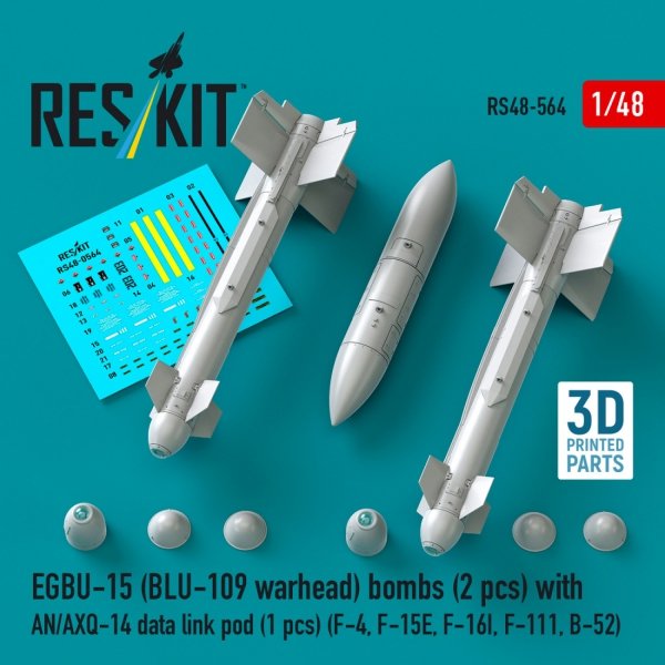 RESKIT RS48-0564 EGBU-15 (BLU-109 warhead) bombs (2 pcs) with AN/AXQ-14 data link pod (1 pcs) (3D Printed) 1/48