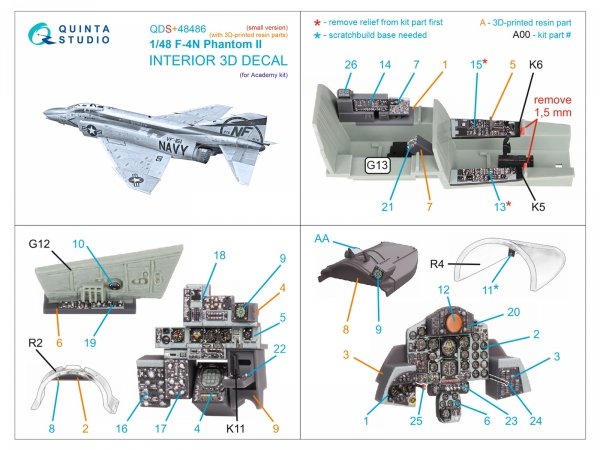 Quinta Studio QDS+48486 F-4N Phantom II 3D-Printed &amp; coloured Interior on decal paper (Academy) (Small version) (with 3D-printed resin parts) 1/48