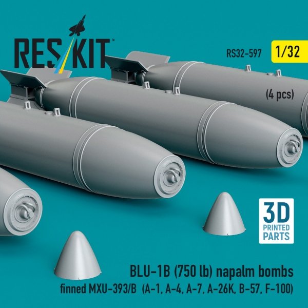 RESKIT RS32-0597 BLU-1B (750 lb) napalm bombs finned MXU-393/B (4 pcs) (A-1, A-4, A-7, A-26K, B-57, F-100) (3D Printed) (1/32)