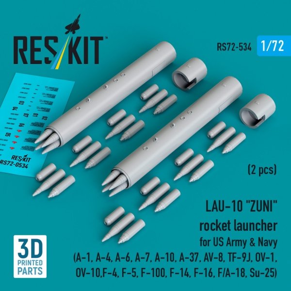 RESKIT RS72-0534 LAU-10 "ZUNI" rocket launcher for US Army &amp; Navy (2 pcs) (A-1, A-4, A-6, A-7, A-10, A-37, AV-8, TF-9J, OV-1, OV-10, F-4, F-5, F-100, F-14, F-16, F/A-18, Su-25) (3D Printed) (1/72)