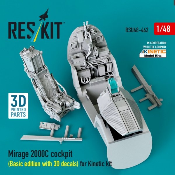 RESKIT RSU48-0462 Mirage 2000C cockpit (Basic edition with 3D decals) for Kinetic kit (3D Printed) (1/48)